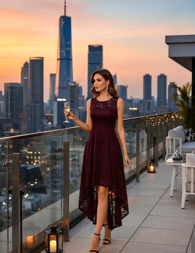 MUADRESS Women's Elegant Floral Lace Dress Sleeveless Crew Neck Hi-Lo Cocktail Prom Dress for Evening Party Burgundy 3XL - Image 2